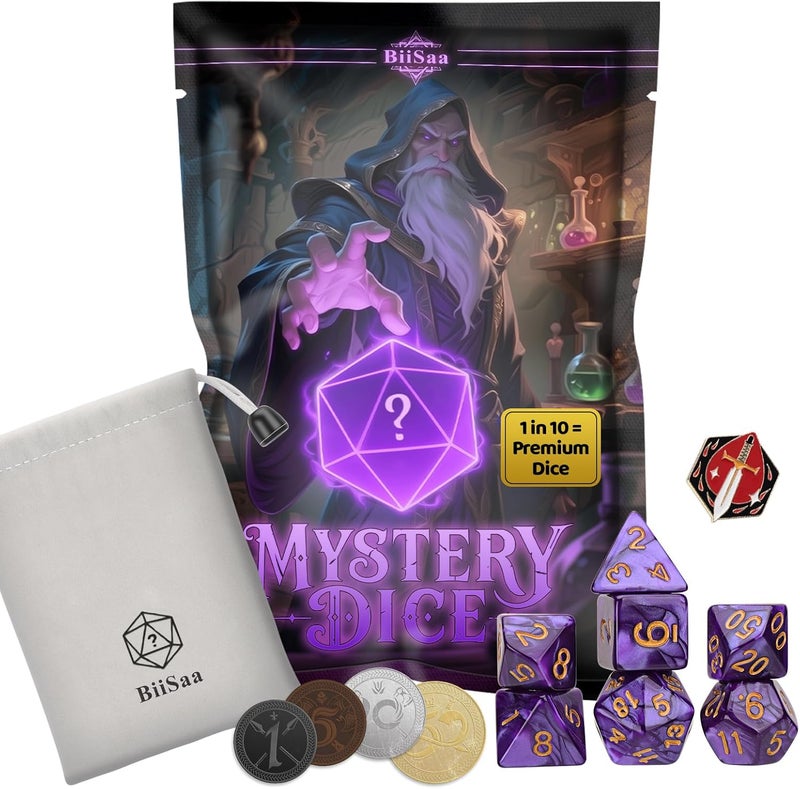 BiiSaa DND Mystery Dice Set – 7 Random Polyhedral RPG Dice, 4 Metal Coins, Enamel Pin & Velvet Bag – 1 in 10 Chance to Get Premium Dice – Gift for TTRPG Player, DM & Dice Goblin (Standard Edition) - Image 1